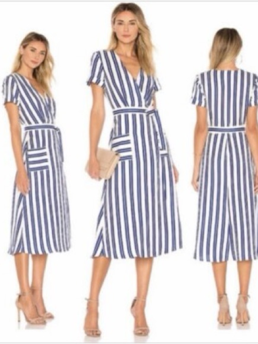 L'Academie Tuscy Linen Ocean Stripe Wrap Midi Dress (128)